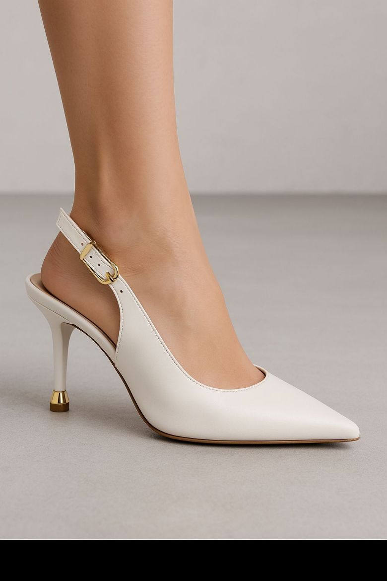 Kadın Tokalı Sivri Burun Şık Topuklu Stiletto Ayakkabı  BEYAZ DERİ resmi
