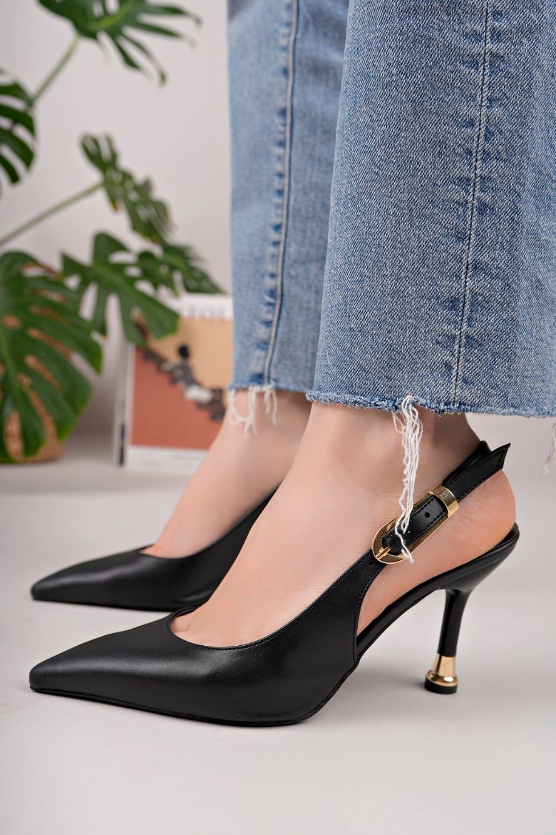 Kadın Tokalı Sivri Burun Şık Topuklu Stiletto Ayakkabı  SİYAH DERİ resmi