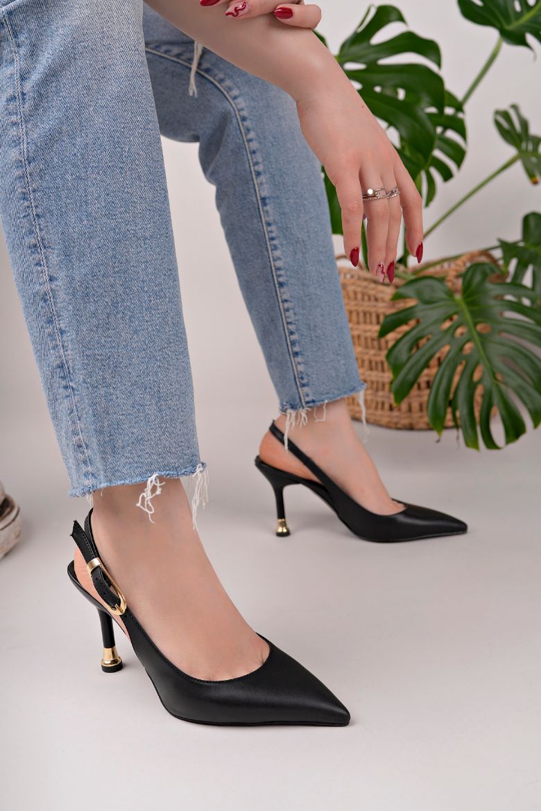 Kadın Tokalı Sivri Burun Şık Topuklu Stiletto Ayakkabı  SİYAH DERİ resmi