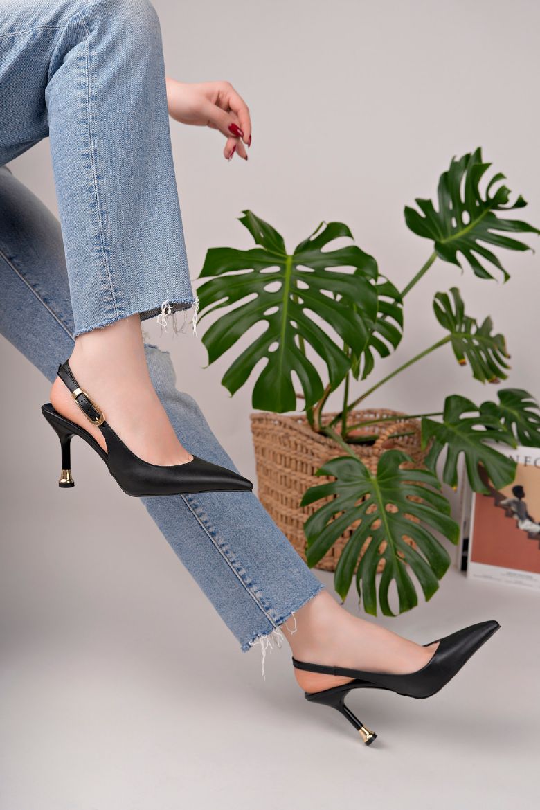 Kadın Tokalı Sivri Burun Şık Topuklu Stiletto Ayakkabı  SİYAH DERİ resmi