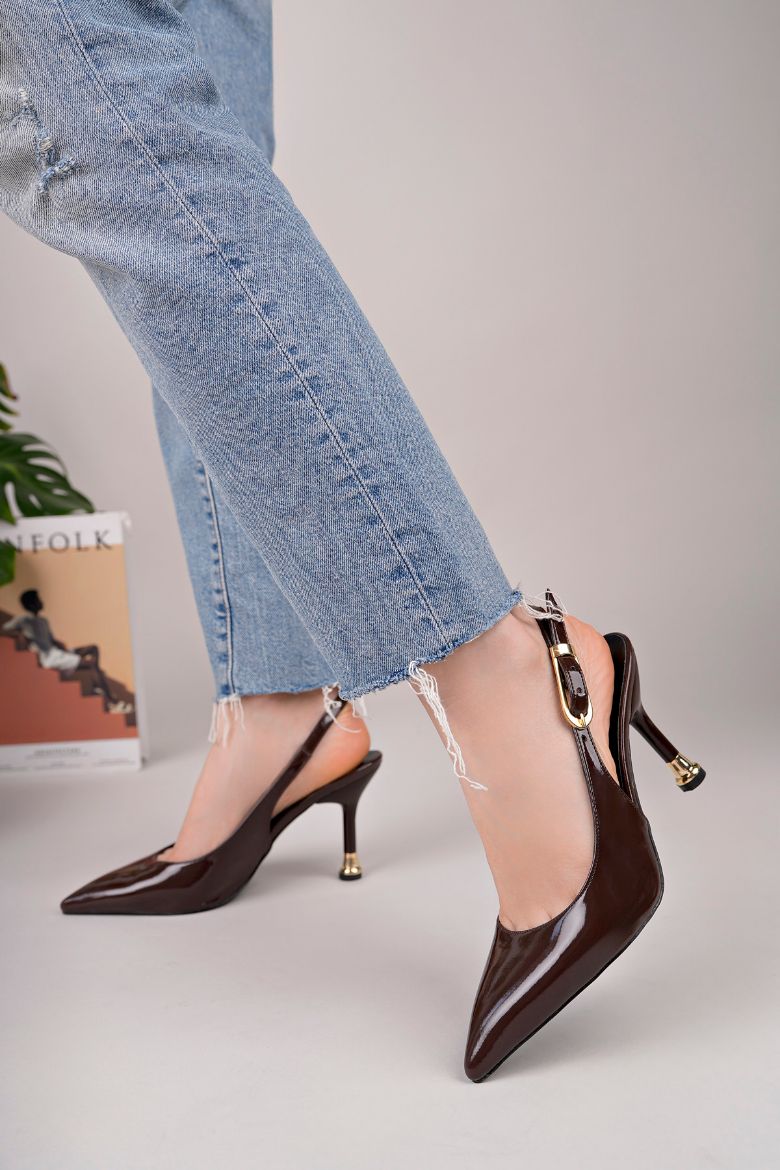 Kadın Tokalı Sivri Burun Şık Topuklu Stiletto Ayakkabı  ACI KAHVE RUGAN resmi
