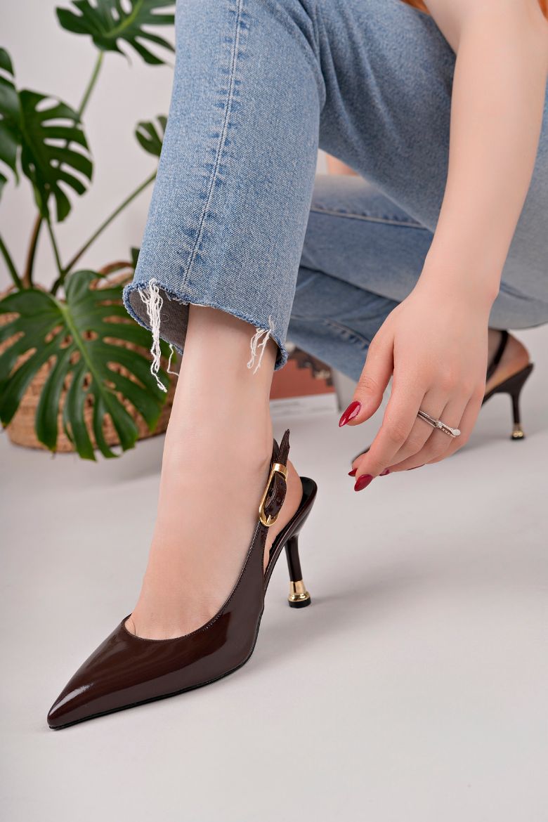 Kadın Tokalı Sivri Burun Şık Topuklu Stiletto Ayakkabı  ACI KAHVE RUGAN resmi