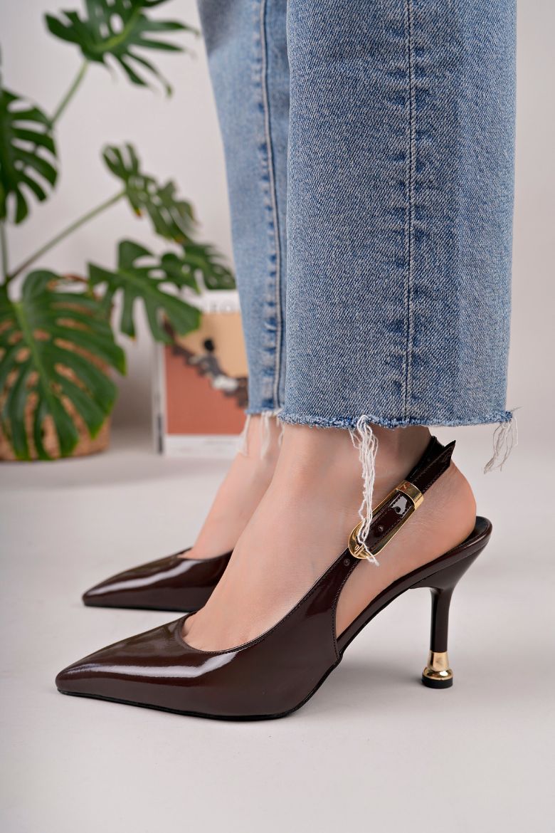 Kadın Tokalı Sivri Burun Şık Topuklu Stiletto Ayakkabı  ACI KAHVE RUGAN resmi