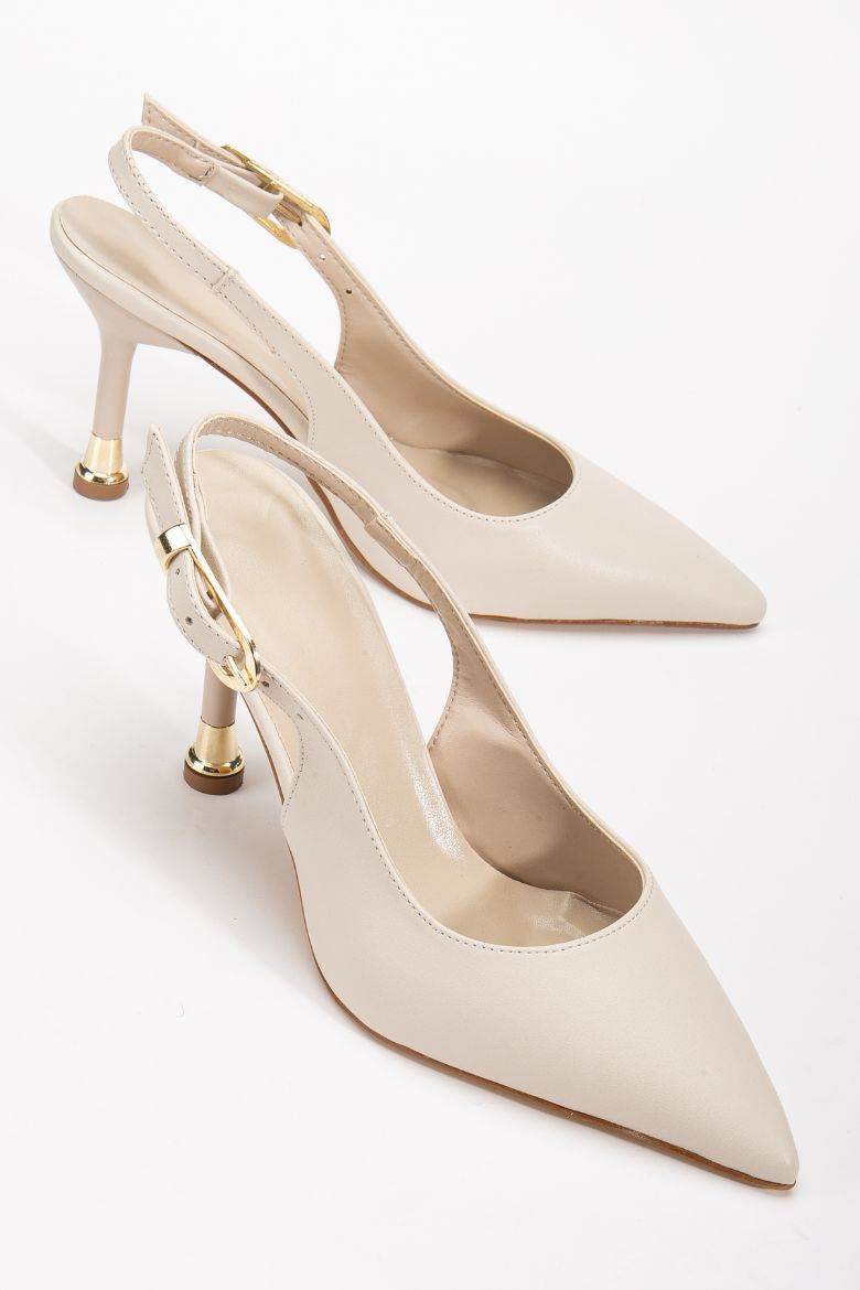 Kadın Tokalı Sivri Burun Şık Topuklu Stiletto Ayakkabı  BEJ DERİ resmi